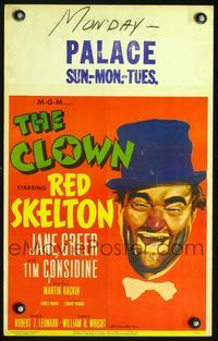2a058 CLOWN window card poster '53 great wacky headshot portrait of Red Skelton in full make up!