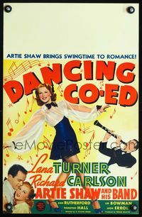 2a068 DANCING CO-ED window card '39 art of super sexy dancing Lana Turner in sheer dress, Artie Shaw
