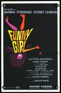 2a090 FUNNY GIRL stage play window card poster '64 Garson Kanin, Barbara Streisand on Broadway!