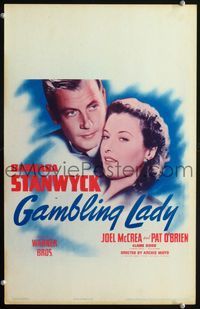 2a091 GAMBLING LADY window card R40s great close image of gamblers Barbara Stanwyck & Joel McCrea!