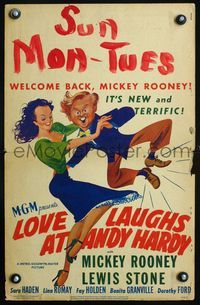 2a138 LOVE LAUGHS AT ANDY HARDY window card '47 wonderful artwork of Mickey Rooney with sexy girl!