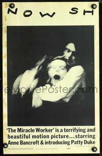 2a145 MIRACLE WORKER window card '62 Anne Bancroft as Annie Sullivan & Patty Duke as Helen Keller!