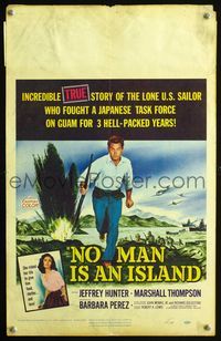 2a156 NO MAN IS AN ISLAND window card '62 U.S. Navy sailor Jeffrey Hunter fought on Guam by himself!