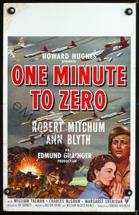 2a164 ONE MINUTE TO ZERO window card '52 cool art of Robert Mitchum, Ann Blyth & jets, Howard Hughes