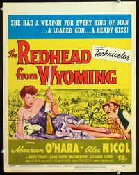 2a174 REDHEAD FROM WYOMING window card '53 sexy Maureen O'Hara had a weapon for every kind of man!