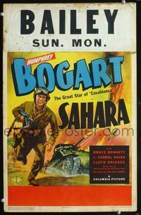 2a179 SAHARA window card '43 cool art of World War II soldier Humphrey Bogart running with gun!