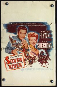 2a188 SILVER RIVER window card poster '48 Errol Flynn gambles for his life & sexiest Ann Sheridan!