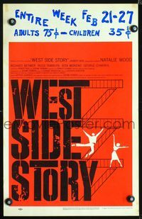 2a222 WEST SIDE STORY pre-Awards window card '61 classic musical, wonderful artwork!