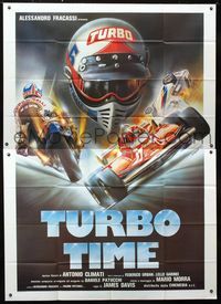 2b194 TURBO TIME Italian two-panel '83 really cool car & motorcycle racing artwork by E. Sciotti!