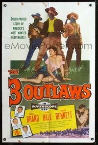 2c033 3 OUTLAWS one-sheet poster '56 Neville Brand & Alan Hale Jr, America's most wanted desperados!