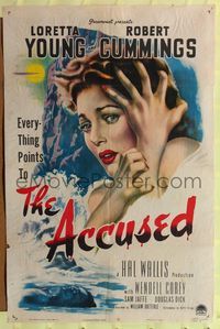 2c039 ACCUSED style A 1sh '49 great super close art of terrified sexy Loretta Young & dead body!