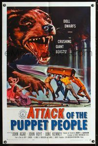 2c083 ATTACK OF THE PUPPET PEOPLE 1sh '58 great art of tiny people with steak knife attacking dog!