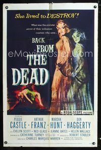 2c089 BACK FROM THE DEAD one-sheet movie poster '57 Peggie Castle lived to destroy, cool horror art!