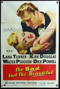 2c092 BAD & THE BEAUTIFUL 1sheet '53 great close up of Lana Turner & Kirk Douglas in dress clothes!