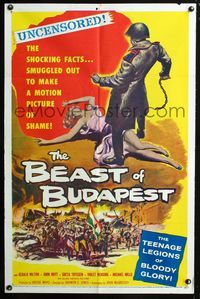 2c106 BEAST OF BUDAPEST one-sheet '58 wild artwork of Russian soldier standing over sexy woman!