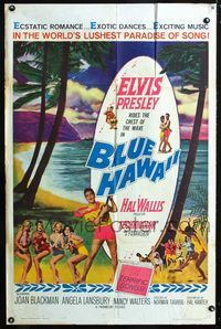 2c142 BLUE HAWAII one-sheet '61 Elvis Presley plays a ukulele for sexy beach babes by the ocean!