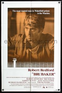 2c175 BRUBAKER one-sheet '80 warden Robert Redford is the most wanted man in Wakefield prison!