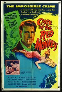 2c200 CASE OF THE RED MONKEY 1sh '55 Richard Conte solves the impossible crime, sexy Rona Anderson!