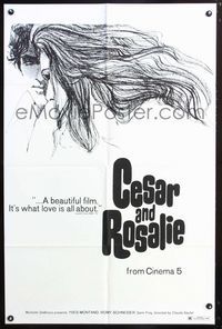 2c206 CESAR & ROSALIE 1sheet '72 Claude Sautet, cool artwork of Yves Montand & sexy Romy Schneider!