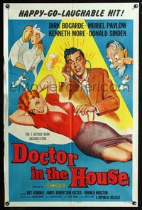 2c303 DOCTOR IN THE HOUSE one-sheet '55 great art of Dr. Dirk Bogarde examining super sexy babe!