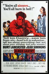 2c322 ELMER GANTRY one-sheet poster '60 Burt Lancaster, Jean Simmons, from Sinclair Lewis novel!