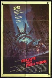 2c329 ESCAPE FROM NEW YORK one-sheet '81 Kurt Russell, art of decapitated Lady Liberty by Barry E. Jackson!