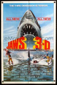 2c449 JAWS 3-D one-sheet poster '83 great Gary Meyer shark artwork, the third dimension is terror!