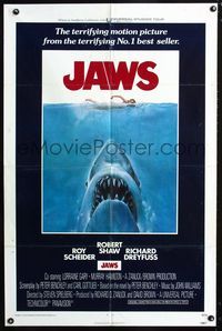 2c448 JAWS int'l one-sheet movie poster '75 artwork of Steven Spielberg's classic man-eating shark!