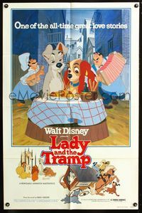 2c462 LADY & THE TRAMP one-sheet poster R80 Walt Disney, great image of classic spaghetti scene!