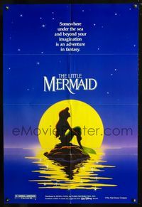 2c468 LITTLE MERMAID DS teaser 1sheet '89 Disney cartoon, great silhouette image of Ariel by moon!