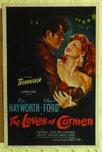 2c027 LOVES OF CARMEN 1sh '48 wonderful romantic c/u art of sexy Rita Hayworth & Glenn Ford!