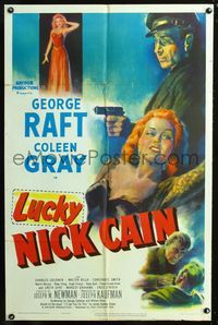 2c476 LUCKY NICK CAIN one-sheet '50 great noir art of George Raft with gun & sexy Coleen Gray!