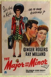 2c482 MAJOR & THE MINOR 1sheet '42 pretty Ginger Rogers poses as a young teen confusing Ray Milland!