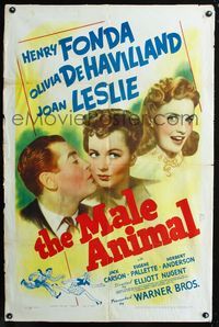 2c483 MALE ANIMAL one-sheet '42 art of Henry Fonda with pretty Olivia de Havilland & Joan Leslie!