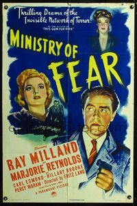 2c488 MINISTRY OF FEAR one-sheet '44 Fritz Lang, art of Ray Milland with gun & Marjorie Reynolds!