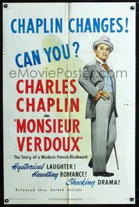 2c494 MONSIEUR VERDOUX one-sheet '47 cool stone litho art of Charlie Chaplin as gentleman Bluebeard!