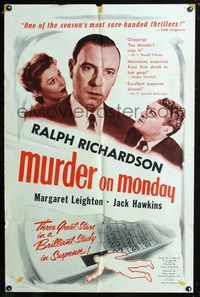 2c500 MURDER ON MONDAY 1sheet '52 Ralph Richardson's Home at Seven, a brilliant study in suspense!