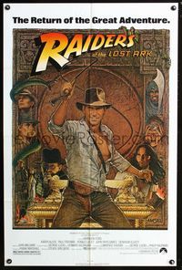 2c546 RAIDERS OF THE LOST ARK one-sheet R80s great artwork of Harrison Ford & cast by Richard Amsel!