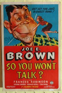 2c572 SO YOU WON'T TALK one-sheet '40 great artwork of giant Joe E. Brown hushed by sexy tiny girl!