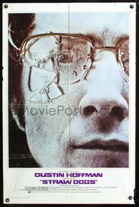 2c586 STRAW DOGS int'l one-sheet '72 best close up full image of Dustin Hoffman with broken glasses!