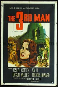 2c001 THIRD MAN 1sheet '49 art of Orson Welles in doorway, plus Cotten & Valli, classic film noir!