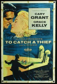2c608 TO CATCH A THIEF 1sh '55 romantic close up art of Grace Kelly & Cary Grant, Alfred Hitchcock