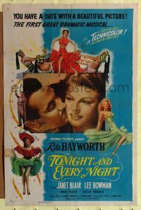 2c020 TONIGHT & EVERY NIGHT style B 1sh '44 c/u of sexy Rita Hayworth being kissed + 3 more images!