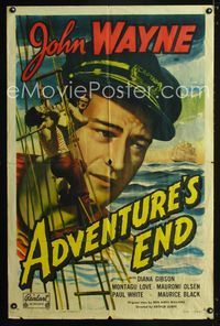 2e029 ADVENTURE'S END one-sheet R49 great huge image of sailor John Wayne & also fighting on ropes!