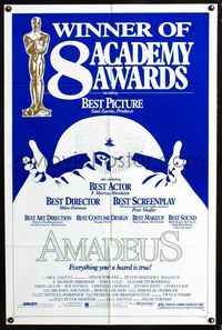 2e034 AMADEUS one-sheet poster '84 Milos Foreman, Mozart biography, winner of 8 Academy Awards!