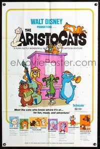2e042 ARISTOCATS one-sheet movie poster '71 Walt Disney feline jazz musical cartoon, great image!