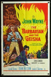 2e046 BARBARIAN & THE GEISHA one-sheet '58 John Huston, art of John Wayne with torch & Eiko Ando!