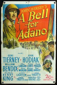 2e053 BELL FOR ADANO one-sheet '45 art of pretty Gene Tierney & World War II soldier John Hodiak!