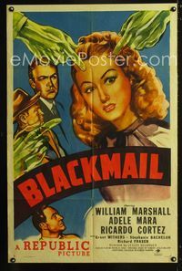 2e061 BLACKMAIL one-sheet movie poster '47 cool film noir art of green hands pointing at Adele Mara!