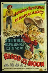 2e064 BLOOD ON THE MOON 1sh '49 artwork of cowboy Robert Mitchum pointing gun & Barbara Bel Geddes!